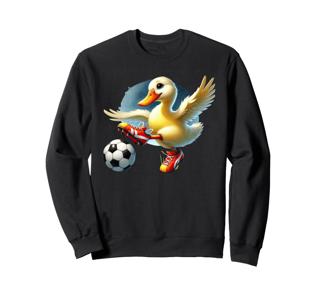 Cartoon Duck Soccer Player Kicking Sweatshirt - Unique Graphic for Adults
