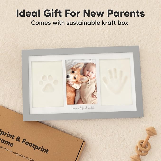 Baby Hand and Footprint Kit - Clay Handprint Keepsake Frame, Newborn Nursery Picture Frame, Personalized New Mom Gifts for Baby Shower & Registry (Cloud Gray)