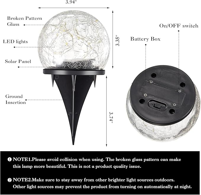 Honoson 3.9 Inch Solar Globe Lights Outdoor Waterproof, Solar Balls for Garden Cracked Glass Ball, Ground Landscape Garden Decor for Patio and Yard Lawn Backyard (6 Pieces)