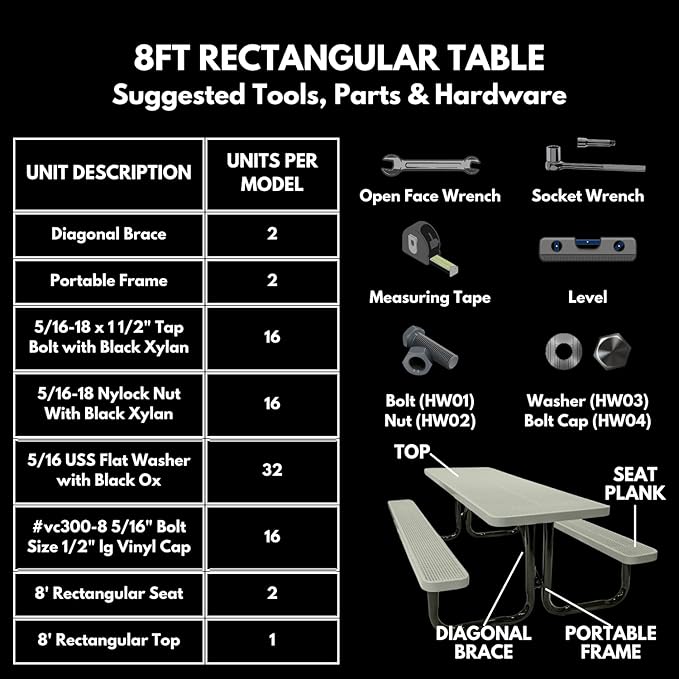 T8-TXTBUR Heavy Duty Rectangular Portable Picnic Table, 8 Ft, Textured Burgundy, Made in America
