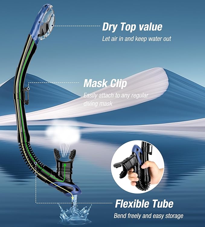 Aegend Dry Snorkel, Dive Mask Easy-Breath Free Diving Snorkel for Snorkeling Scuba Diving Freediving Swimming, with Top Dry Valve and Food-Grade Silicone Mouthpiece