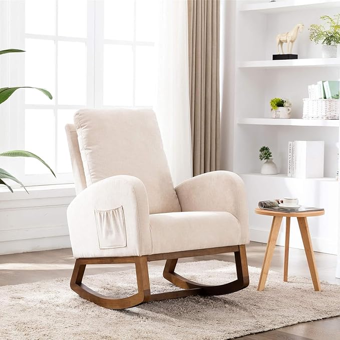 Dolonm Rocking Chair Mid-Century Modern Nursery Rocking Armchair Upholstered Tall Back Accent Glider Rocker for Living Room (Beige)