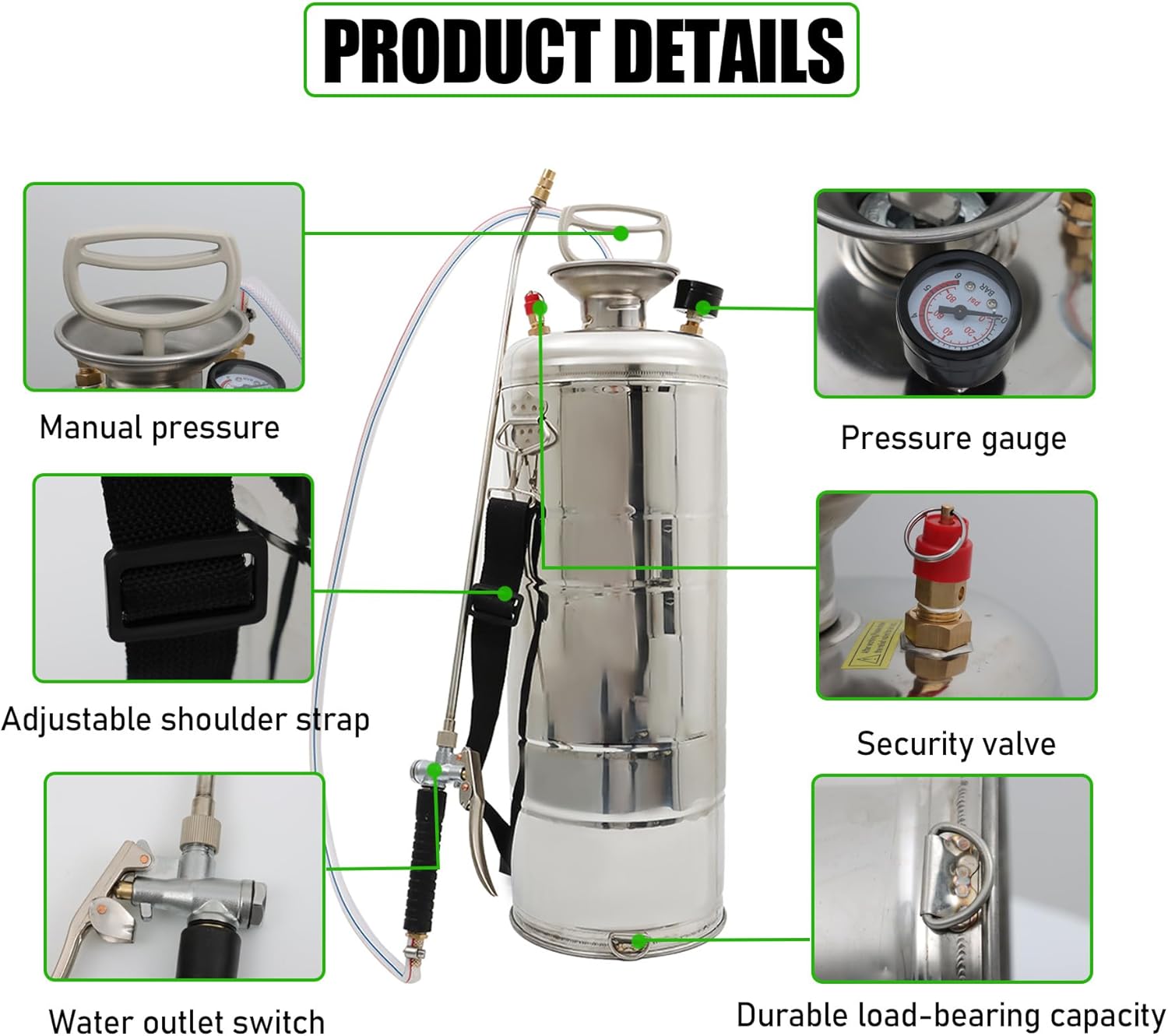 2 Gallon Stainless Steel Sprayer Hand Pump Sprayer with Pressure Gauge Safety Valve Adjustable Nozzle for Gardening Lawn and Cleaning