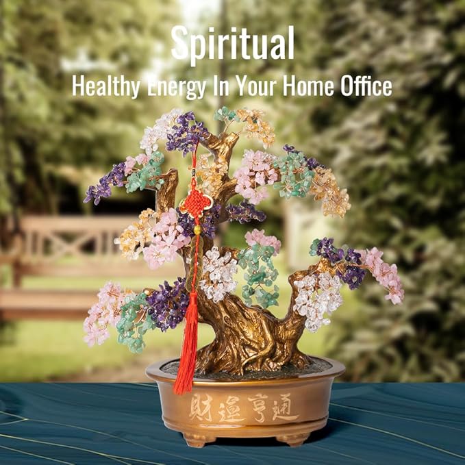 Natural Chakra Gemstone Crystal Bonsai Tree of Life（1,350 Gemstone Count） Large Feng Shui Money Tree for Luck and Wealth Desk Decoration 20 Inches