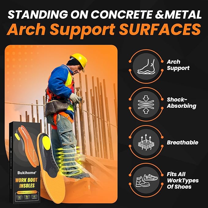 Bukihome Work Boot Insoles for Construction & Standing All Day - Heavy Duty Orthotic Shoe Inserts with Shock Absorption, Arch Support & Fatigue Reduction Durable Support Fits Work Boots -S
