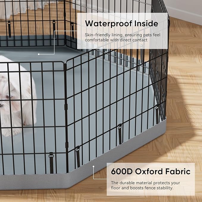 PJYuCien Dog Playpen, 8 Panels 24”H Dog Playpen Indoor with Grey Bottom Pad and Top Cover, Metal Foldable Dog Pen for Indoor Use, Only for Small Medium Animals, Grey