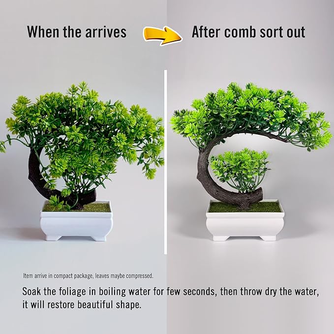 Small Artificial Plants Greenery Desktop Bonsai - Green Plastic Fake Plants for Home Decor, Indoor Bookshelf, Office Desk and Bathroom Room Decor, Tall 8.5"