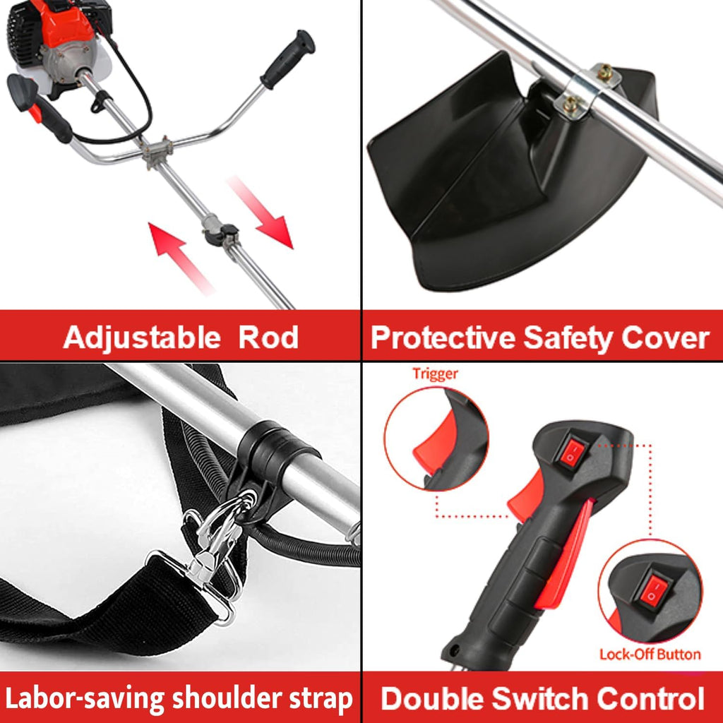 COOCHEER Brush Cutter Gas Powered 58cc, 4 in 1 Weed Wacker, 2-Cycle String Trimmers Gas Brush Cutter Straight Shaft Gas Grass Trimmer for Lawn and Garden Care Trimming, Red