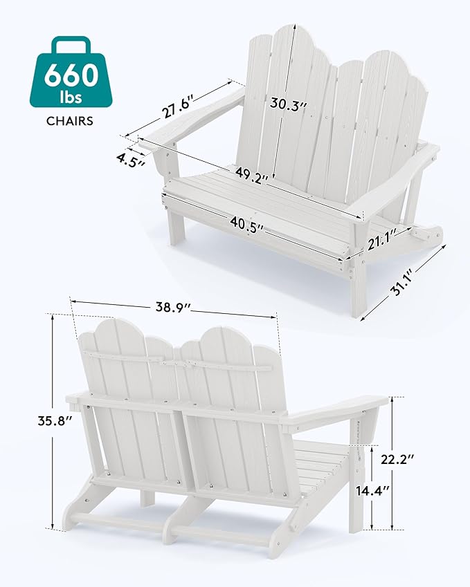 SERWALL 2 Person Adirondack Loveseat, HDPE All-Weather Folding Adirondack Bench Chair, Outdoor Adirondack Chair Set of 4, White