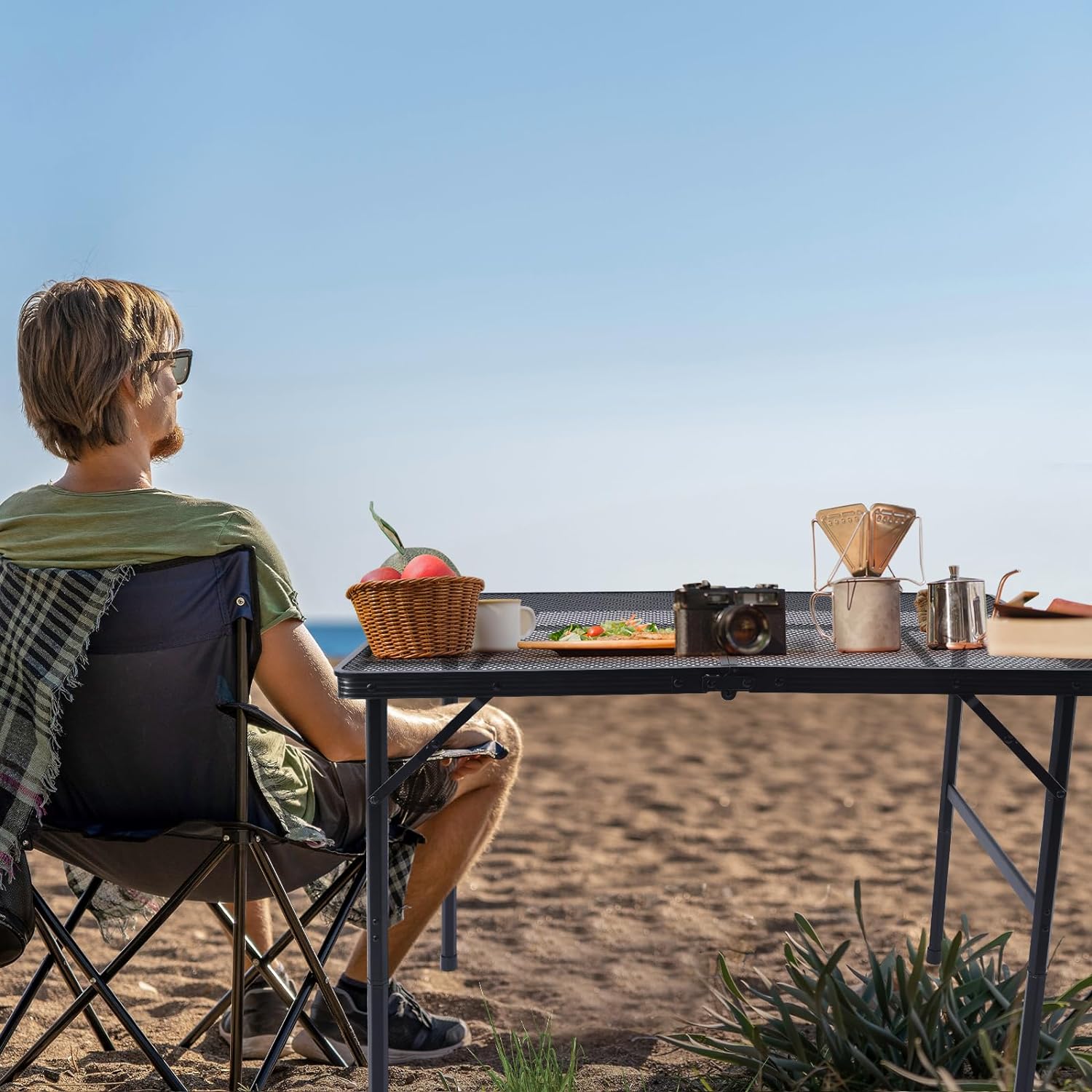 3x2 FT Folding Grill Table, Portable Camping Table for Outside, Adjustable Height Folding Table with Desktop & Mesh Bag, Lightweight Outdoor Table for Camping, Picnic, BBQ
