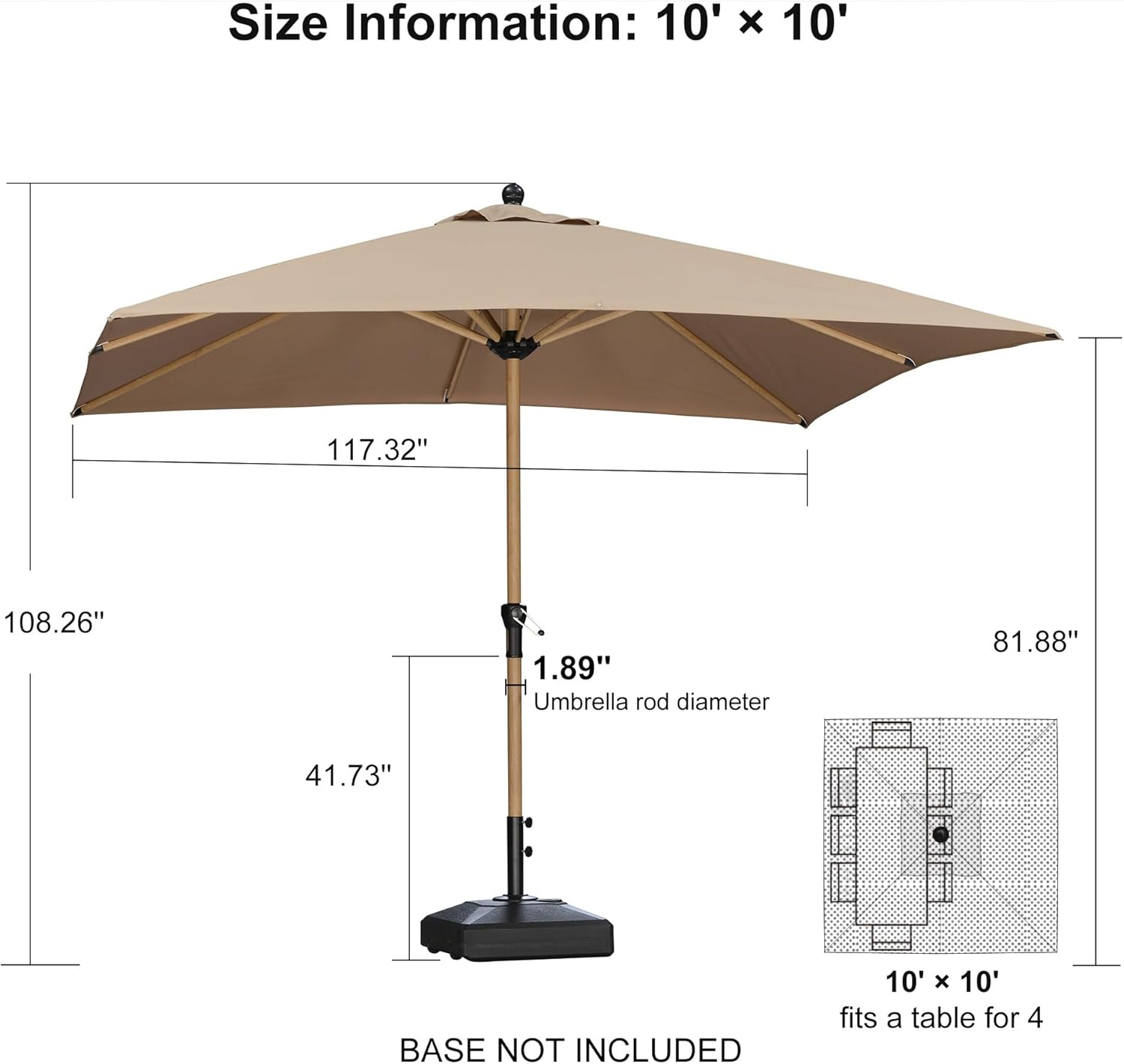 PURPLE LEAF 10' x 10' Square Patio Umbrella Outdoor Table Umbrella Aluminum Market Umbrella with 8 Sturdy Ribs & Crank Outdoor Umbrellas for Garden Deck Patio, Taupe