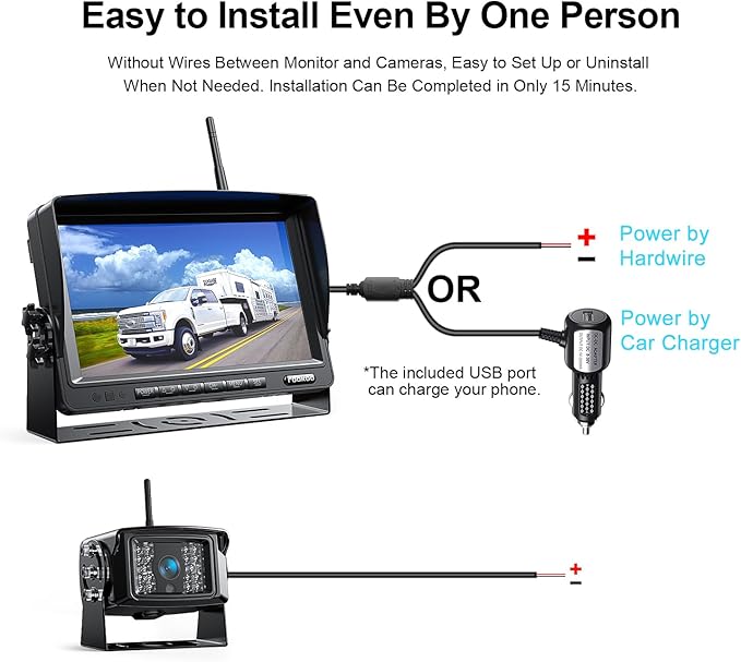 Fookoo 1080P 7" Wireless Backup Camera System, 7" HD Dual/Quad Split Monitor with Recording, IP69 Waterproof Rear View Front View Cameras with Parking Lines, Suits for RV/Truck/Trailer/Van/Bus(DW702)