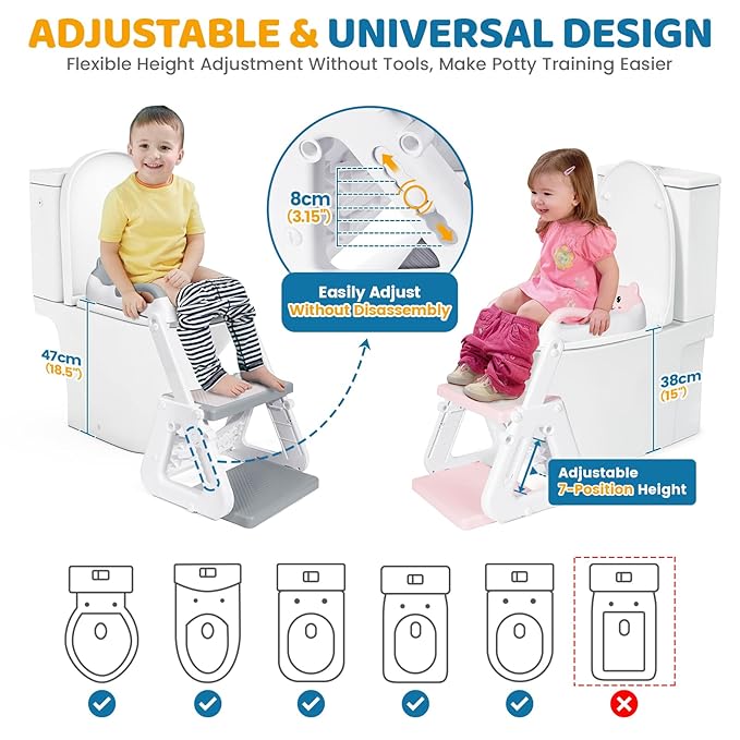 Orzbow 2-IN-1 Potty Training Toilet Seat with Step Stool for Toddler, Stability Training Potty Seat for Kids Boys Girls with Splash Guard and Anti-Slip Pad, Adjustable Ladder & Potty Seat Height, Grey