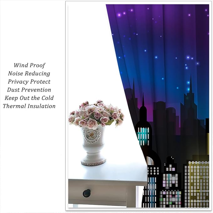 Superhero Rod Pocket Blackout Curtains for Boy Girl Bedroom, Super City Skyline Buildings Night Panorama Thermal Insulated Home Window Drapes for Living Room Darkening, 42x45 inch