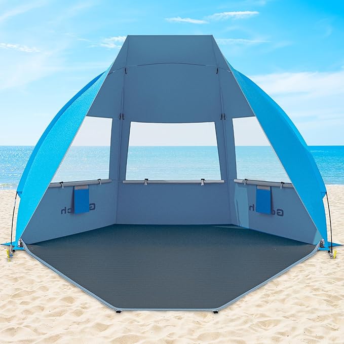 Gorich Portable Beach Tent for 3/4-5/6-7 Person with UPF 50+ UV Protection, Lightweight & Foldable Sun Shelter with 5 Sand Bags, Easy Setup Windproof Beach Umbrella Sun Shade
