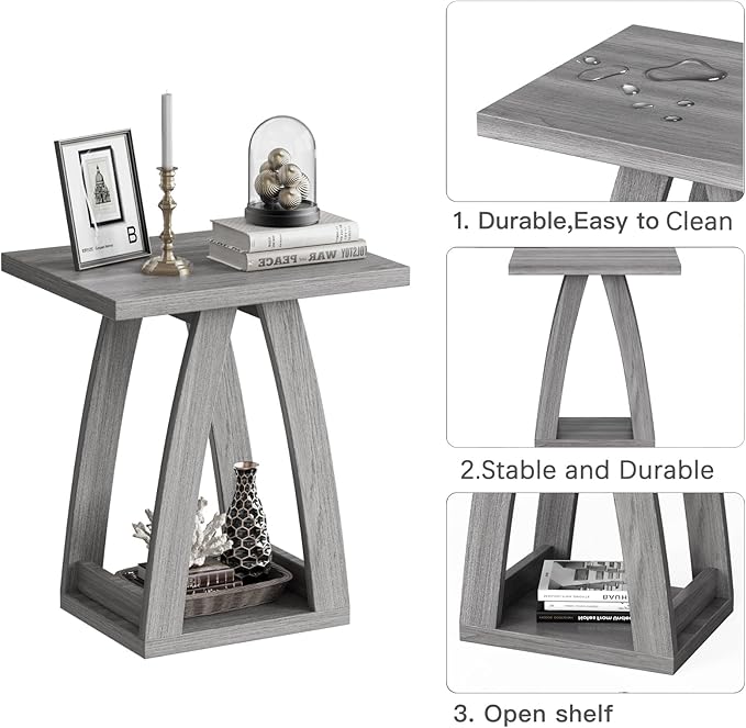 End Tables Living Room, Side Table Beside Sofa, Nightstand for Bedroom, Couch Side Table with Shelf, Modern End Table for Living Room, Grey End Table Set of 2