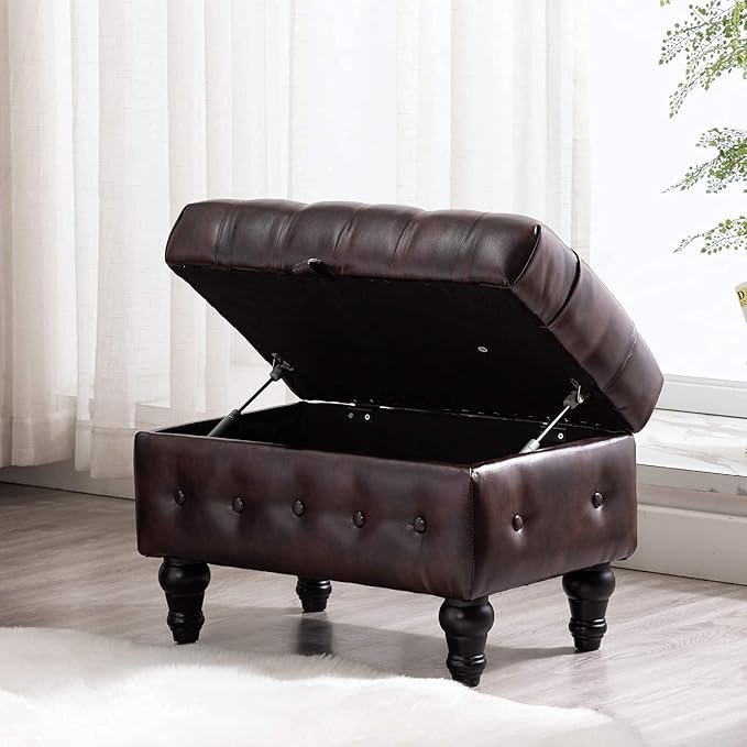 Artechworks Coffee Table Ottoman with Storage,Button Tufted PU Leather Upholstery Footstool Bed Ottoman for Living Room, Home Office, Space-Saving Storage Toy Box Stool, Brown
