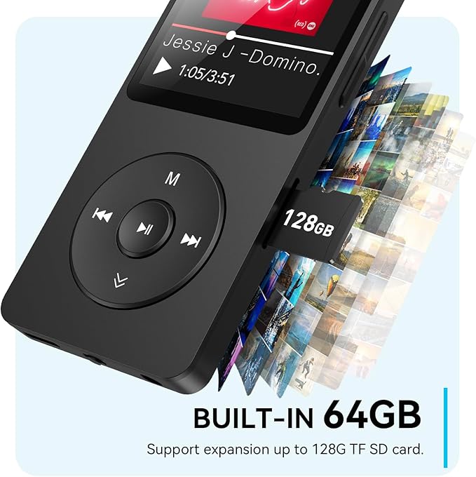 AGPTEK A02 MP3 Player with Bluetooth 5.3, 1.8 inch Screen Portable Music Player with Speaker, FM Radio, Voice Recorder, Supports Expanded Up to 128GB(Black, 64GB)