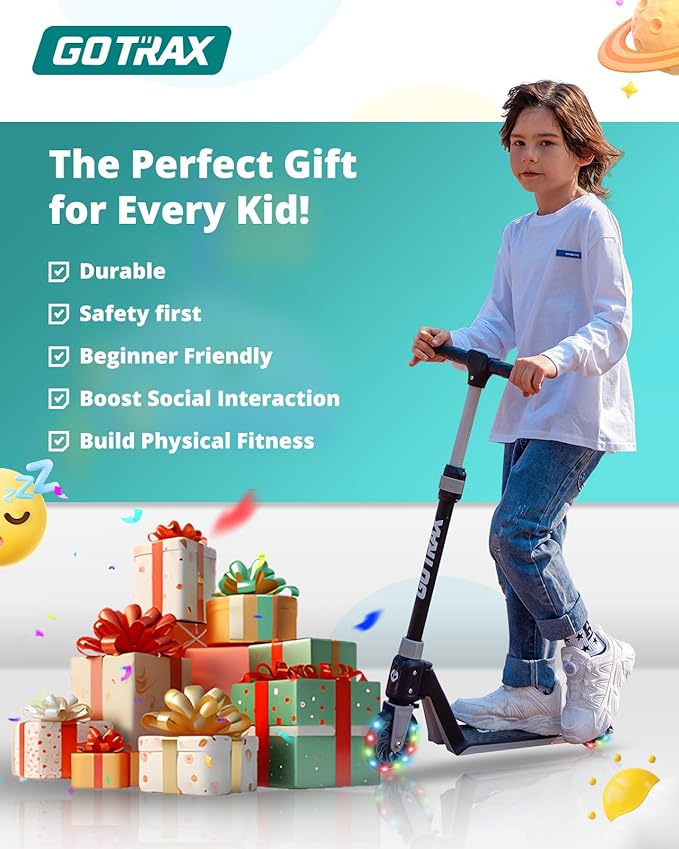 Gotrax K03 Kick Scooter for Kids, 5" LED RGB Lighted Wheels, 4.6 Lbs Lightweight and One-Click Detachable Design, Height Adjustable Handlebars, Anti-Slip Deck and Max Load 110 Lbs for Boy&Girl Age 3+