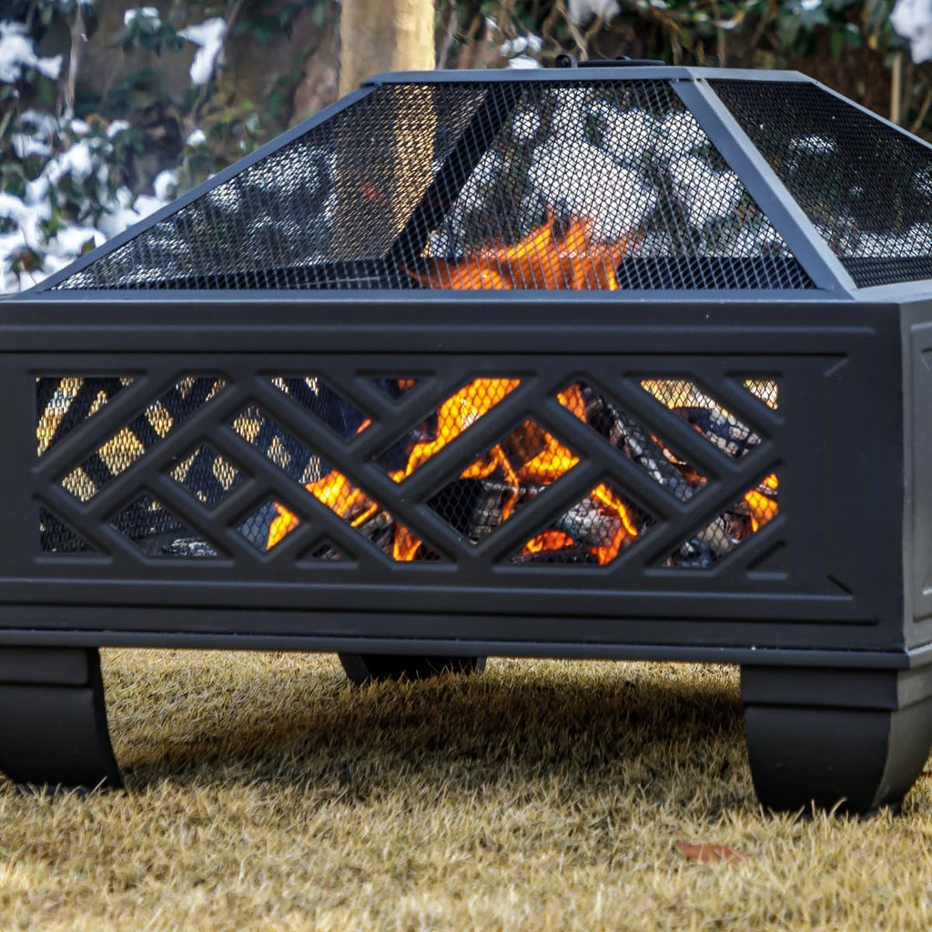 Breezz 26 Inch Wood Burning Fire Pit with Cooking Grill and Spark Screen, Outdoor Metal Firepit for Patio, Backyard, Bonfire Party, Camping and Garden