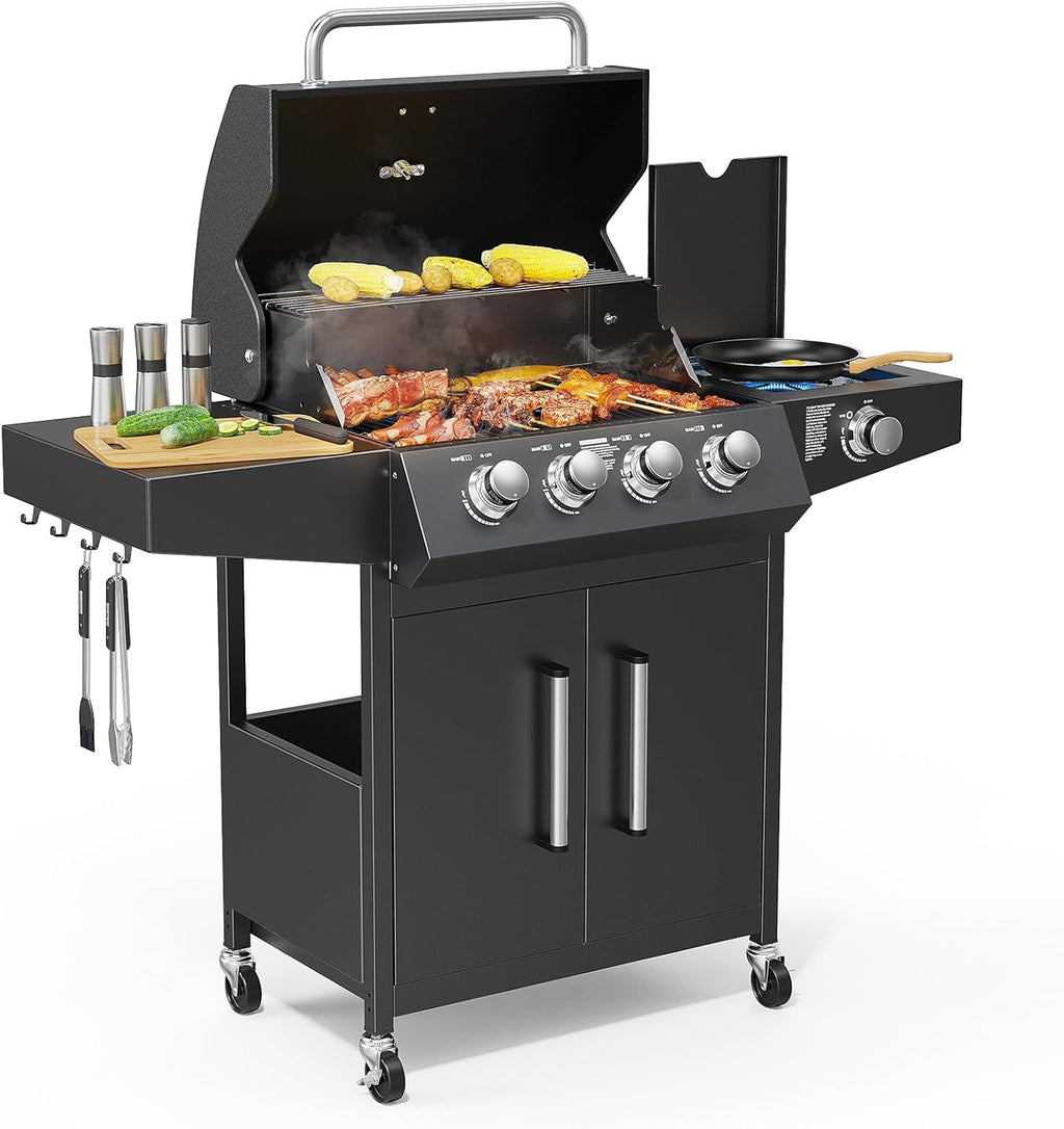 ROVSUN 4 Burner Propane Gas Grill with Side Burner, 58,000BTU BBQ Grills with Enameled Cast Iron Grates, Shelf & Cabinet for Outdoor Garden Patio Backyard Barbecue Cooking