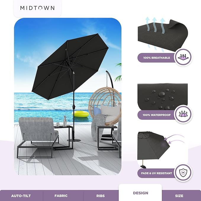 Midtown Umbrellas Sunbrella Umbrella 10 Feet Large Outdoor Umbrella With Sunbrella Black Acrylic Fabric - Auto-Tilt Aluminum Frame Large Patio Umbrella For Backyard, Deck, Garden, Pool - Black Pole