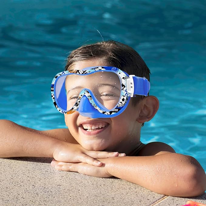 Kids Swim Goggles with Nose Cover, 180° Panoramic Snorkel Mask with Anti-Fog & Anti-Leak Design, Comfort Fabric Strap UV Protection Lens for Boys Girls Ages 3-15