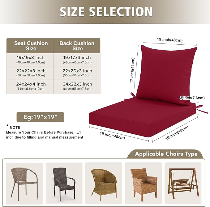 Outdoor Cushions for Patio Furniture, Waterproof Outdoor Chair Cushion w/Fade-Resistant, Removable & Machine-Washable Cover, 22x22 Inch, Deep Seat Sofa/Couch Pad Replacement – Set of 4, Burgundy