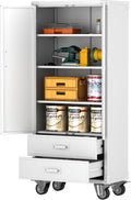 Aobabo Metal Storage Cabinet with 2 Large Drawer, Lockable Steel Storage Cabinet with 3 Adjustable Shelves, for Home, Office, Garage, Classroom, White, Assembly Required
