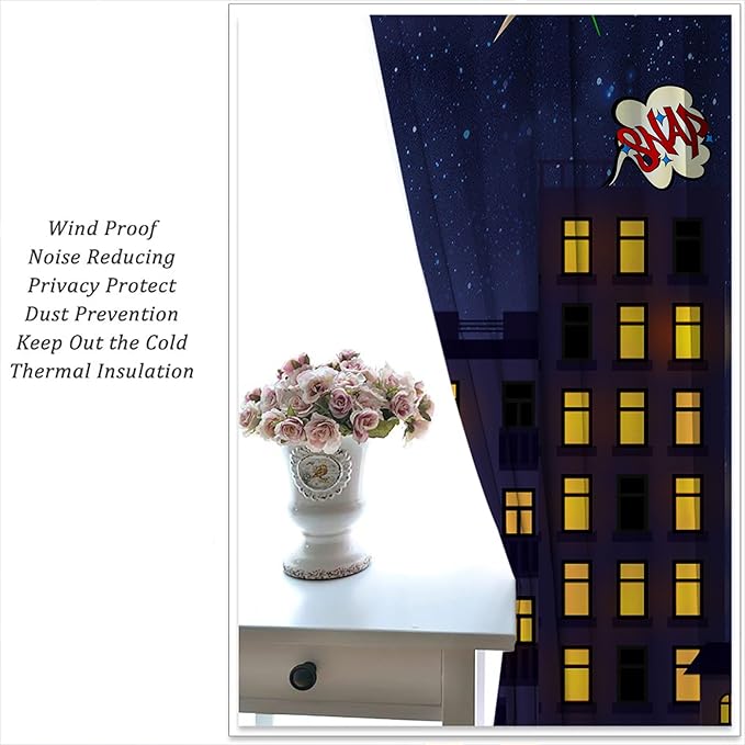 Super Hero Rod Pocket Blackout Curtains for Boy Girl Bedroom, Exploding City Starry Cartoon Skyline Home Energy Efficient Light Filtering Window Curtain for Living Room, 84x63 inch