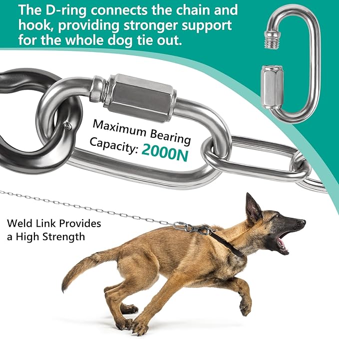 Tresbro Heavy Duty Dog Chains for Outside, 20FT Stainless Steel Tie Out Cable with Swivel Hook for Small Medium Dogs, Metal Chew Proof Pet Runner Chain Leash Lead for Outdoor Camping Hiking Yard, 3MM