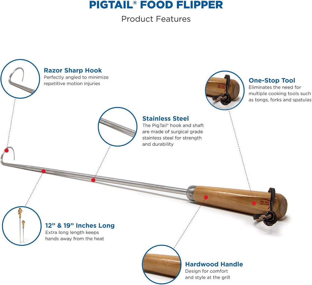 Jaccard Original Combo Pack with Wooden Gift Box, 12"/19", PigTail Food Flipper, Stainless Steel