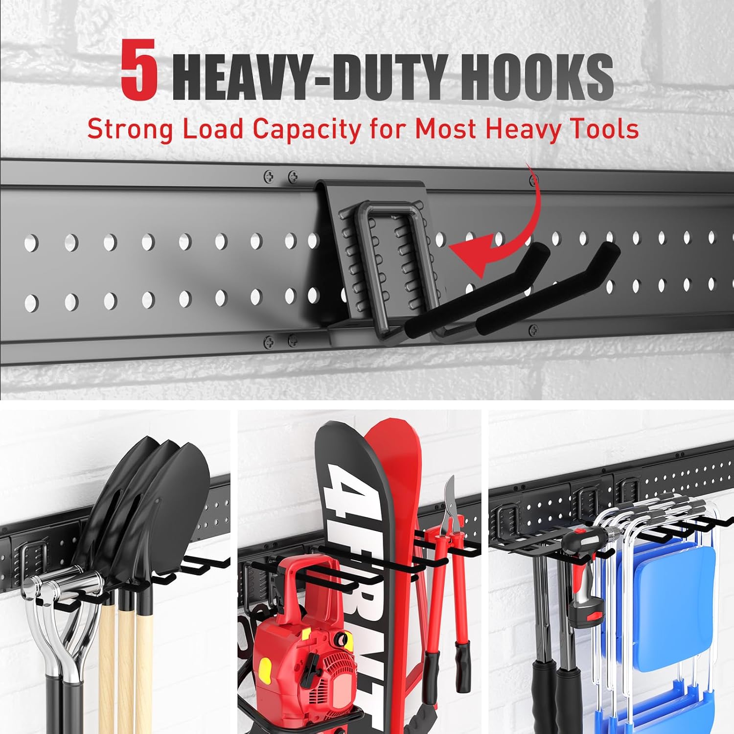 Garage Tool Organizer Wall Mount 96 inches with 18 Adjustable Heavy-Duty Hooks, Garage Organization, Garden Tool Storage Rack, Yard, and Shed, Holds Up to 750 lbs