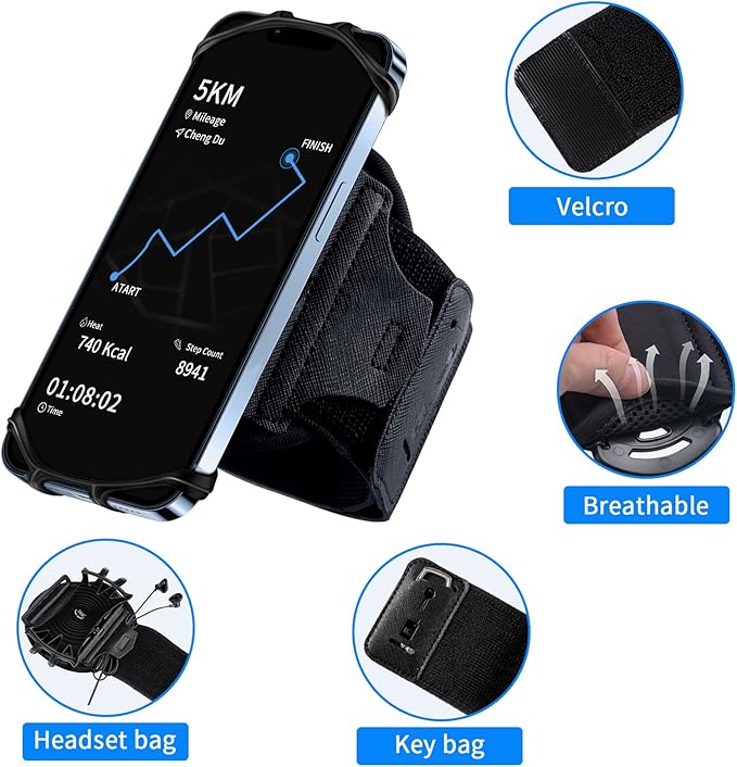 Wristband Phone Holder for Running, 360°Rotation & Detachable Sports Armband with Key Holder for iPhone 16/15/14/13/12/11/Pro/XS/XR/X/8/7/6/Plus, for Samsung Galaxy, Fits 4''-6.5''Phone