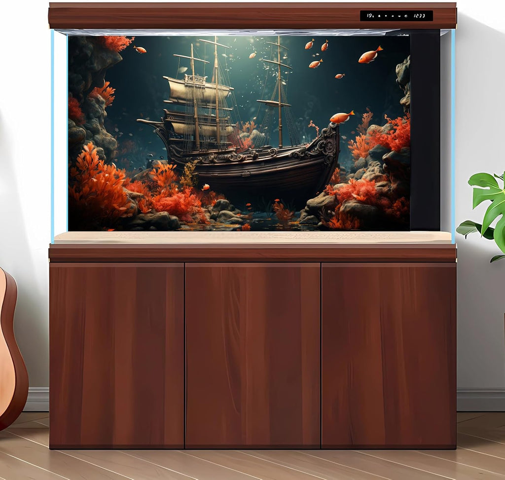 Pirate Shipwreck Aquarium Background Under The Sea Coral Reefs Fish Tank Background Underwater Sunken Ship Landscape Terrarium Background Tropical Sea Marine Life Aquarium Tank Background 72x16in