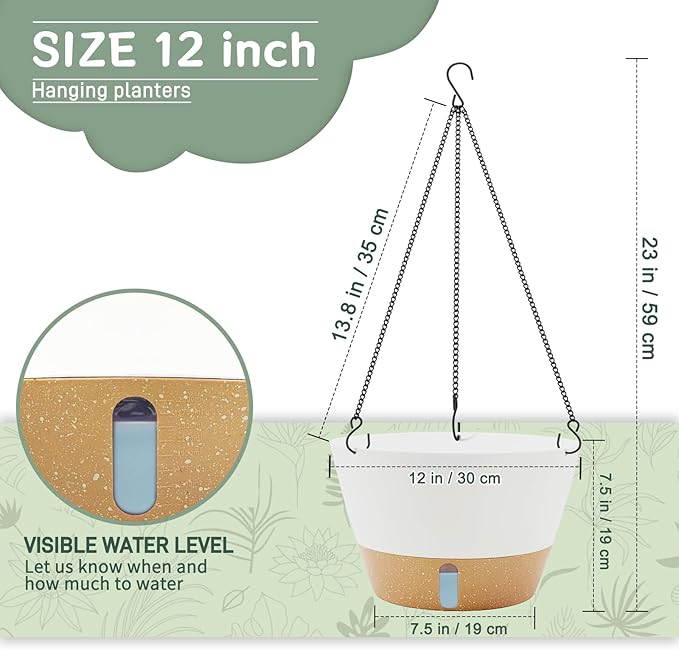 ZMTECH 12 Inch Hanging Planters for Outdoor, 2 Pack Self Watering Pots for Indoor Plants, Large Hanging Baskets for Plants Outdoor with Visual Reservoir and Drainage Hole(White)