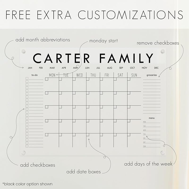Personalized Clear Acrylic Calendar for Wall, Calendar Whiteboard for Wall, Dry Erase Wall Calendar, Wall Calendar Organizer System for Home (Block, Navy, 38"W x 26"H)