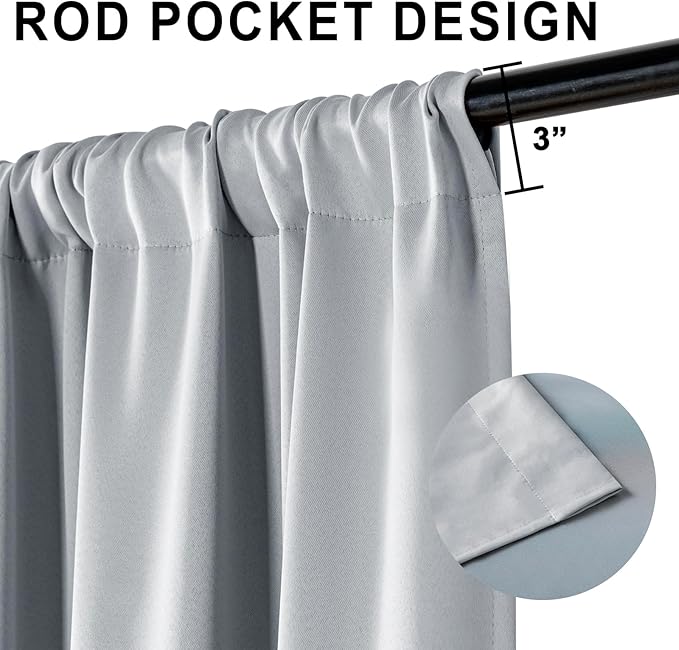 XWZO Full Shading Blackout Curtains 45 Inches Length with Tiebacks- Heat and Light Blocking Rod Pocket Window Drapes with Black Liner Backing for Bedroom/Kid's Room, Light Grey, W52 x L45, Set of 2