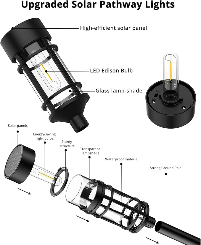 8 Pack Solar Pathway Lights Outdoor, Waterproof Solar Lights Outdoor with Metal & Glass Design - Auto On/Off, Long-Lasting, Landscape Lighting for Garden, Yard, Lawn, Driveway, Walkway