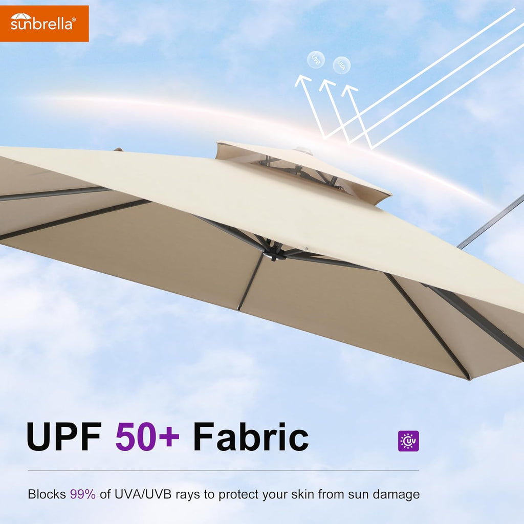 PURPLE LEAF Cantilever Umbrella 12FT Outdoor Large Heavy Duty Double Top Offset Hanging 360° Rotation Square Umbrella for Garden Patio Deck Pool Backyard Spectrum Sand
