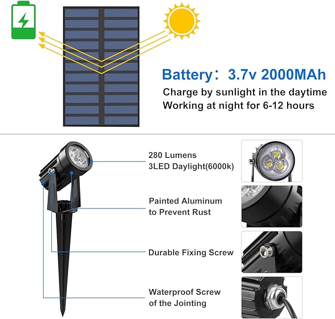 Solar Spot Lights Outdoor, Solar Landscape Spotlights IP65 Waterproof 9.8ft Cable, Auto On/Off Outdoor Wall Lights for Garden Yard Driveway Porch Walkway Pool (6000K White 2 Pack)