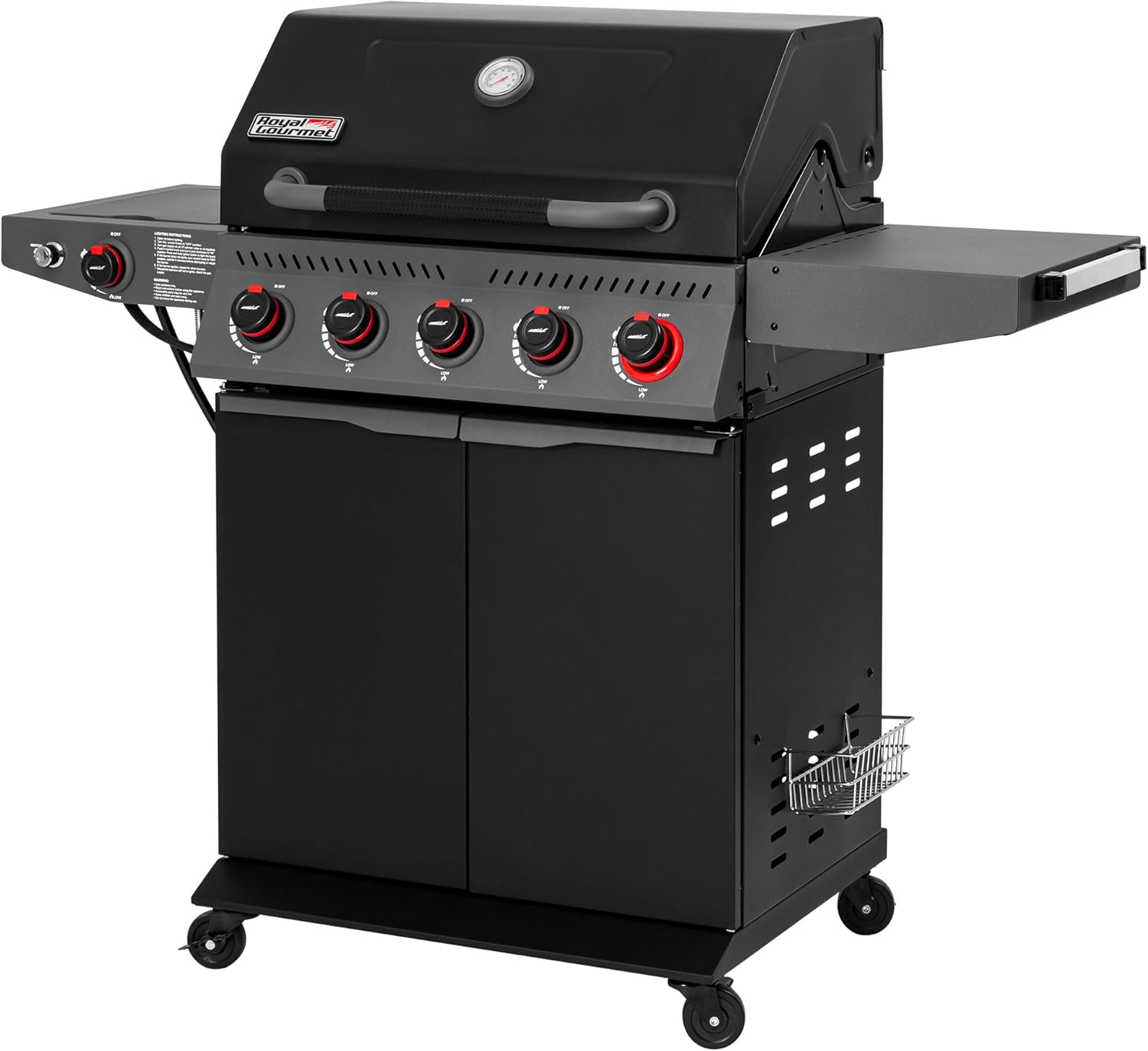 Royal Gourmet GA5407H 5 Burner Propane Gas Grill with Foldable Right-Side Table & Warming Rack, Cabinet Style Gas BBQ Grill for Barbecue Grilling & Backyard Cooking, Black