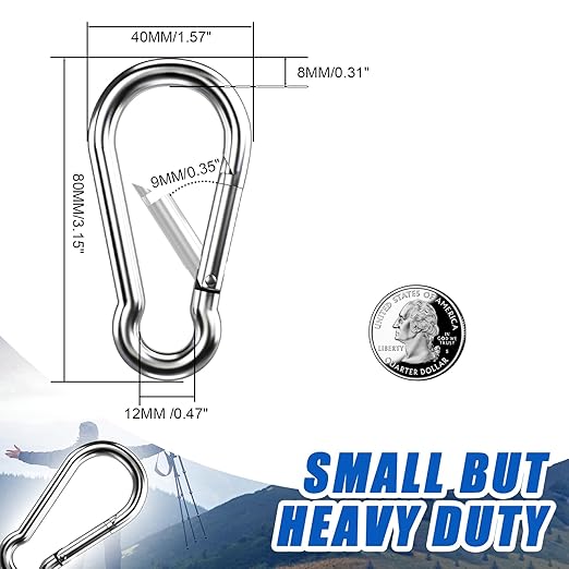 Carabiner Clip Hooks, 20pcs 3.15 inch Carabiners Heavy Duty, 304 Stainless Steel Spring Snap Hook Fits Camping Hiking, Metal Clips for Rope Chain Keys Rings