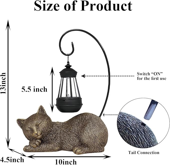 Resin Cat Statue with Solar Lantern, Eye-catching Garden Sculpture & Lawn Decor, 13" Height Outdoor Cat Figurine for Garden Yard Patio Porch Decorations, Cat Statues Outside Ornament
