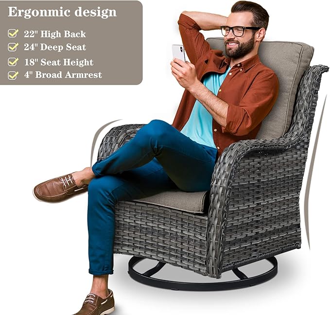 5 Pieces Patio Furniture Sets Wicker Outdoor Furniture, Rattan Patio Swivel Glider Chairs with 2 Ottoman and Glass Side Table