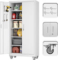 71" H×32" W×16" D Garage Storage Cabinet with Wheels, Locking Metal Storage Cabinet with 5 Adjustable Shelves, 4 Hooks and Pegboard for Garage, Home Office, Kitchen, Assembly Required, White