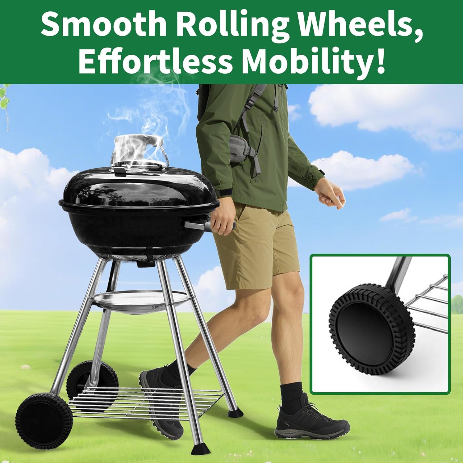BEAU JARDIN Charcoal Grill 18 Inch for Outdoor Cooking BBQ Barbecue Coal Kettle Bowl Grill Portable Heavy Duty Round with Wheels Grilling for Tailgating Patio Backyard Camping Black BG4691