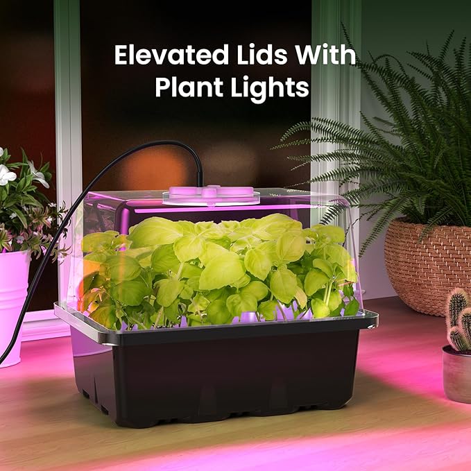 MIXC 6-Pack Seed Starter Tray Kit with Plant Light Seedling Trays with Adjustable Humidity Domes & Clear Cell Trays 12 Full Spectrum LED Beads for Indoor Plant Growth(Black)