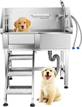 34'' Dog Washing Station for Small Dogs Grooming Tub Bathing Station Professional Pet Wash Station Bathtub for Home with Sliding Door, Faucet, Steps
