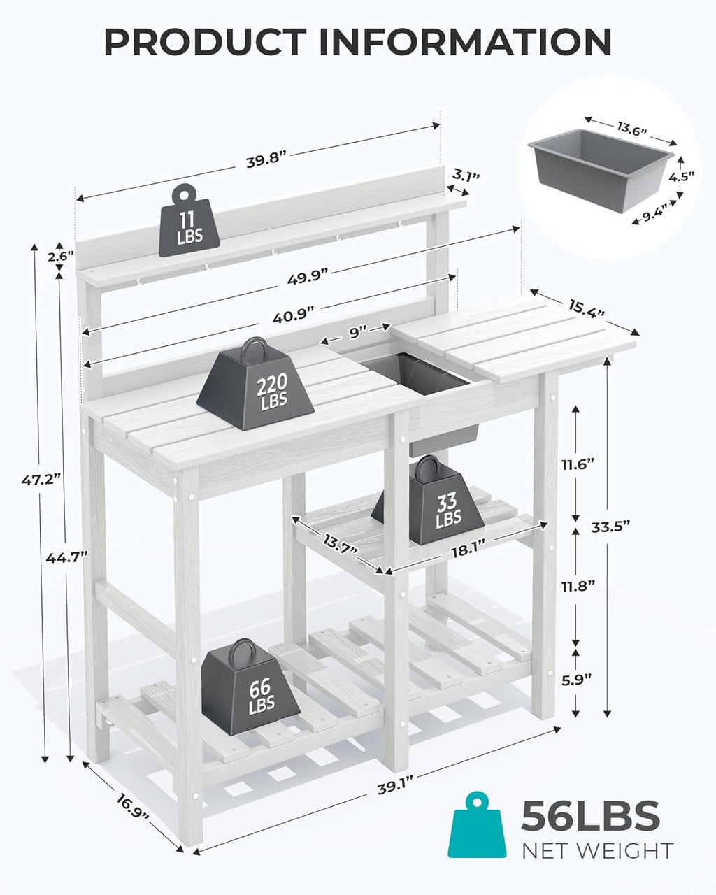 SERWALL Potting Table Set of 2 for Outside All Weather Use- White